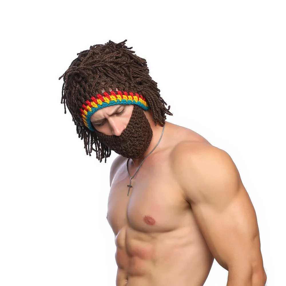 Wig Beard Hat  Caveman Bandana Handmade Crocheted Winter Men's Halloween Costume Funny Birthday Gifts