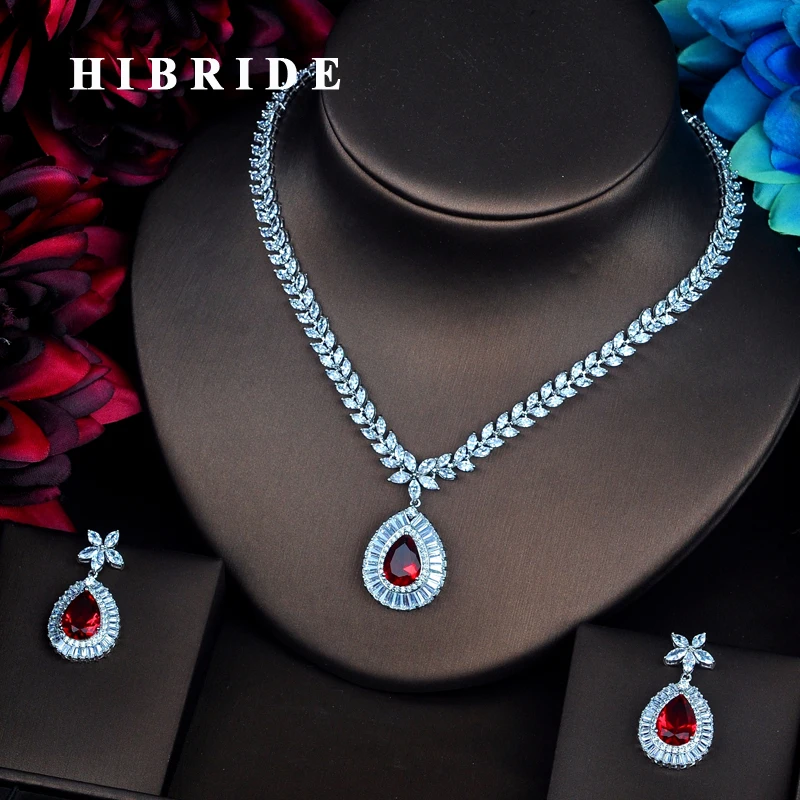 

HIBRIDE, сверкающие красные Ювелирные наборы с фианитом, роскошные серьги и ожерелье, наборы, очаровательные подарки на день Святого Валентина,...