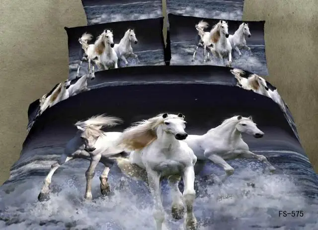 3D cheval blanc bleu gris couette ensemble de literie couettes queen de
