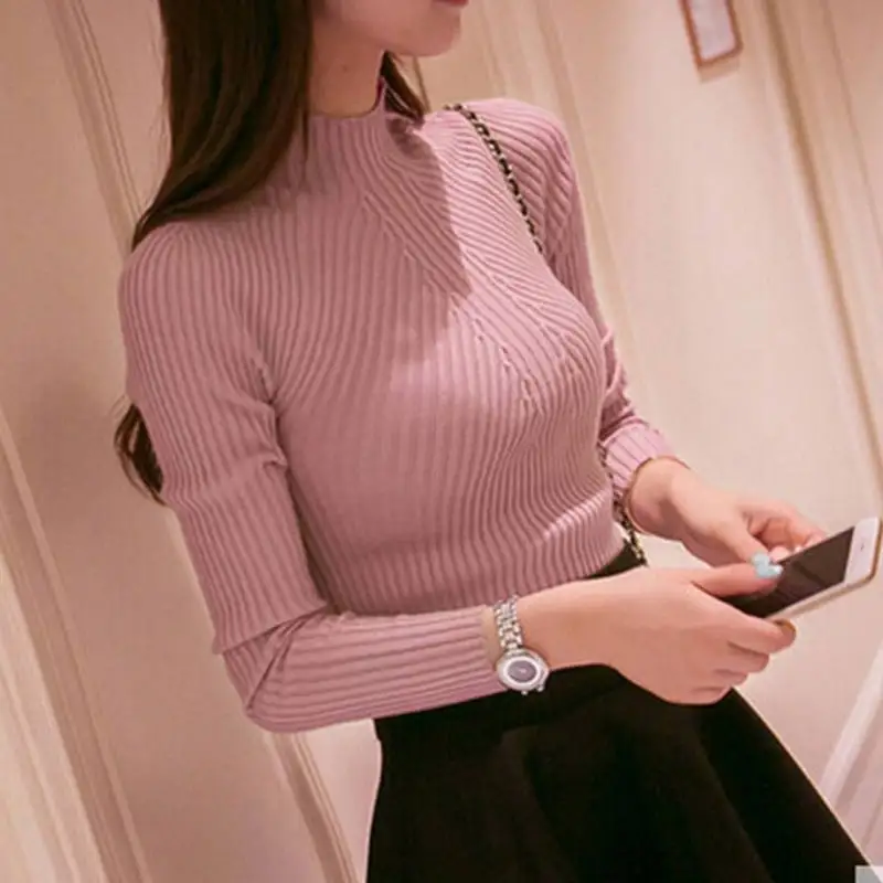 

Women Autunm Long Sleeve Solid Color High Collar Elastic Knit Sweater Pullover Thin Slim Fit Knit Sweater Casual Shirt #