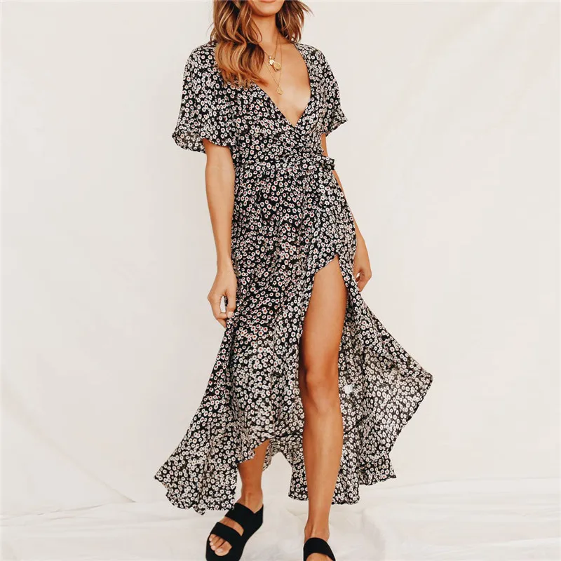 

Summer Bohemian Dress 2019 Sexy Deep V Neck Split Long Dress Women Vintage Floral Print Ruffle Maxi Dress Beach Sundresses Robe