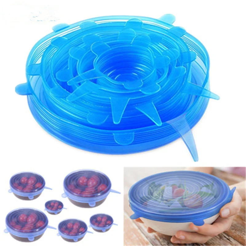 

6Pcs/ Set Reusable Saran Wrap Silicone Cover Vacuum Seal Suction Sealer Food Bowl Pot Stretch Kitchen Accessories