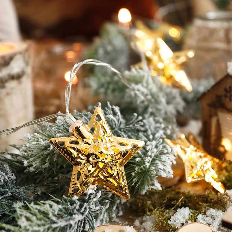 10M Gold Three-Dimensional Star Hollow Light String Fairy Holiday Garland Christmas Outdoor Party Decor Gerlyanda Battery Plug | Освещение