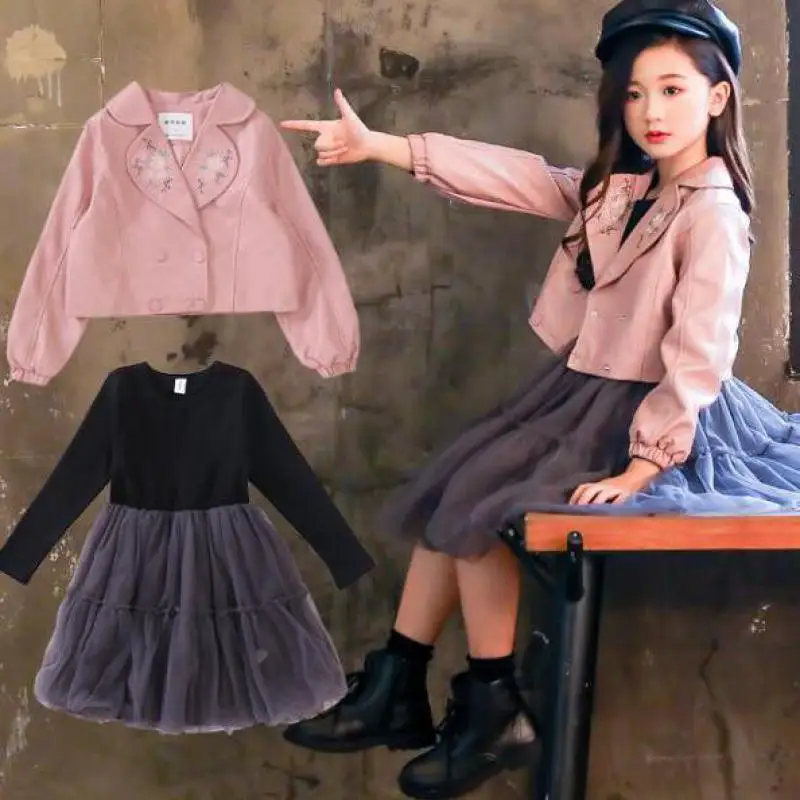 

2018 New Autumn Children Clothing Sets Toddler Girls Floral Jackets Coats + Long Sleeve Tutu Dress Conjunto Menina 10 12 14 Year