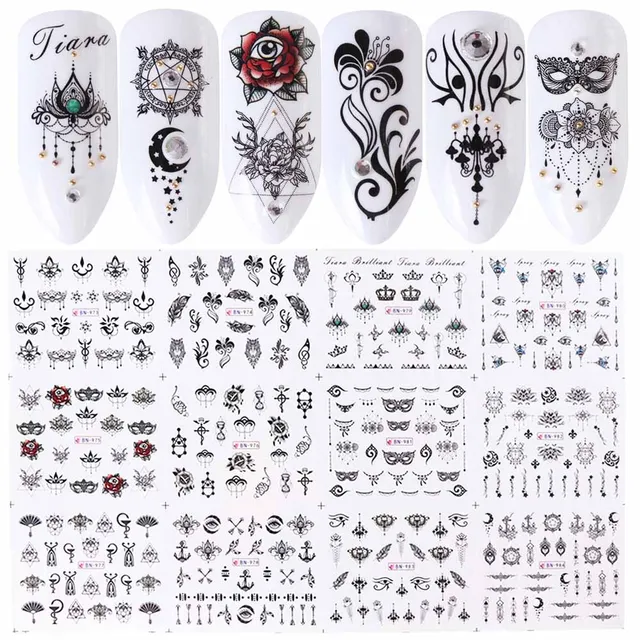 12 Designs Flamingo Water Nail Art Sticker Black Flower Necklace Decal Leaf Beauty Decoration For Nail Manicure Set SABN913-972