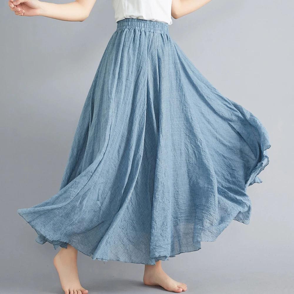 

Spring and summer new style Literary style large size cotton and linen skirt Elastic waist linen A-line skirt solid color skirt