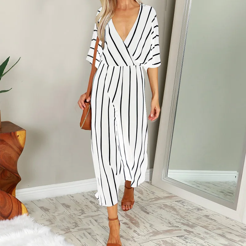 

ZANZEA 2019 Summer Elegant Women Striped Short Sleeve Jumpsuits Casual Loose Deep V-neck OL Work Bodysuit Wide Leg Long Playsuit