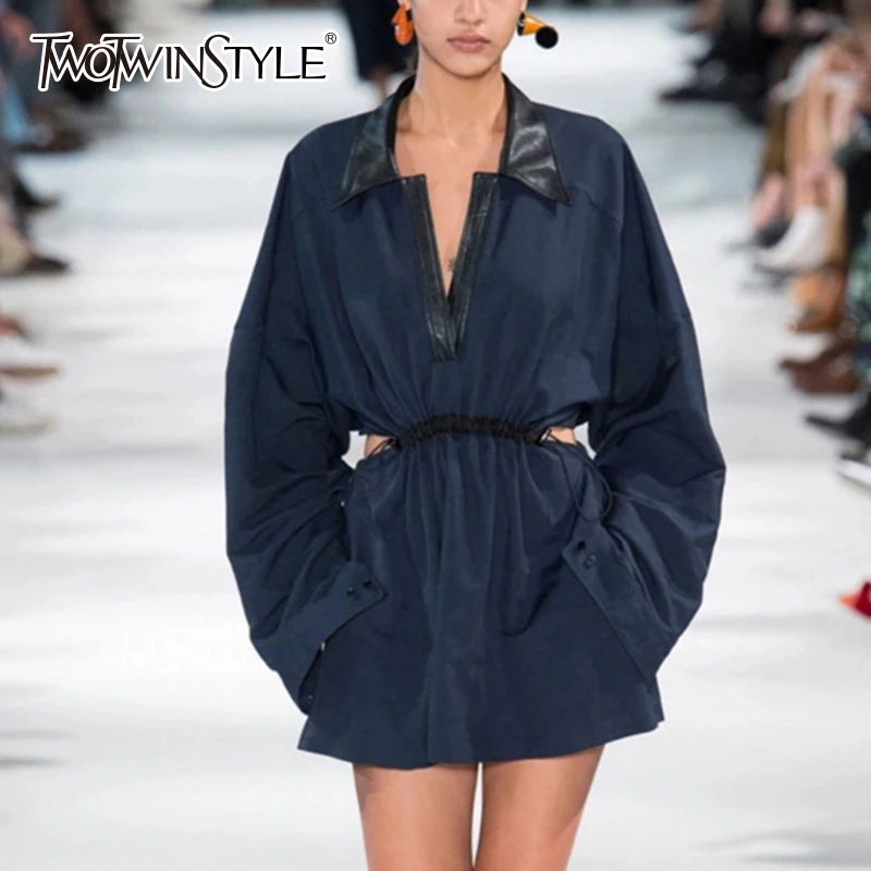 

GALCAUR Elegant Tunic Dress For Women Lapel Collar Long Sleeve High Waist Slim Solid Dresses Female Fashion Clothes 2019 Summer