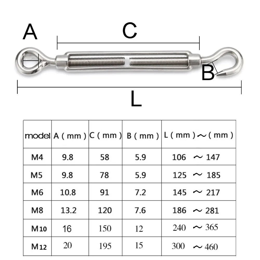 4 шт. M4/M5/M6/M8/M10/M12 нержавеющая сталь 304 Отрегулируйте цепь такелаж крюк и глаз стяжка Серебряный выбор