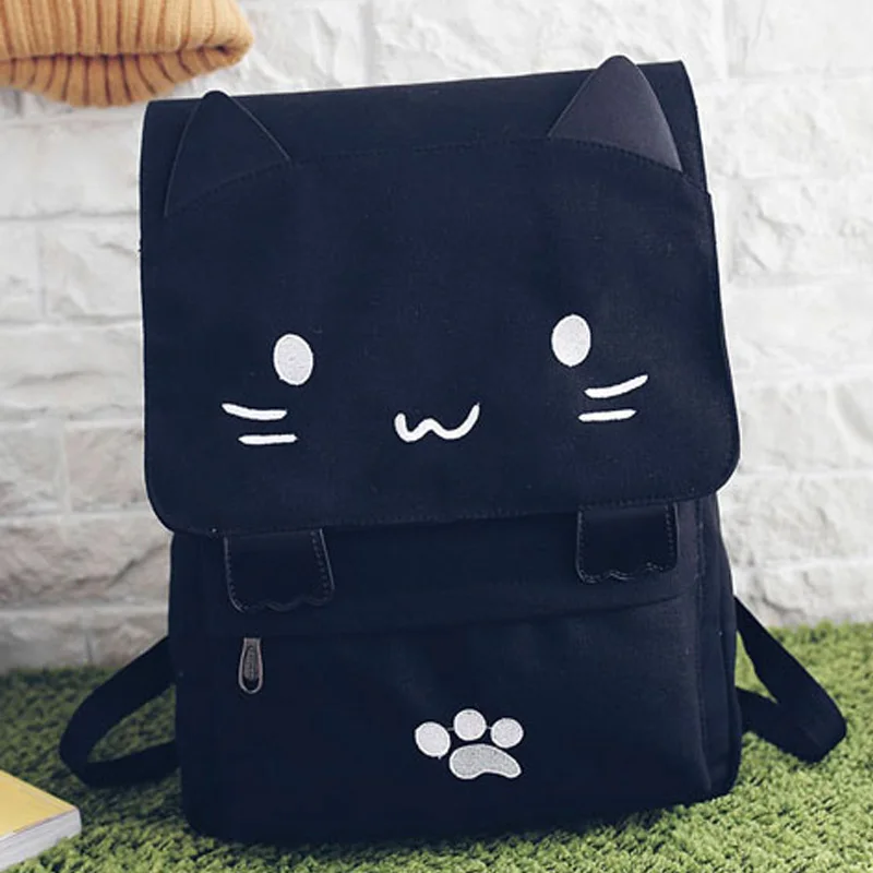 Women Cute Cat Backpack Canvas Girl School Backpacks Kawaii Cartoon Large Capacity Student Rucksack Lovely Casual Mochila BP0200 (1)