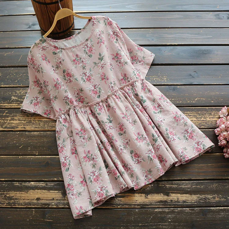 

Summer Women's Casual Wear Retro Mori Girl Printed Short-sleeve Blouse Shirt Loose Round-collar Pullover Hippie Boho Shirt Tops