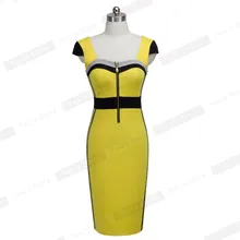 Nice-forever Summer Vintage Female Work Fitted Dress Patchwork Casual Square Neck Sleeveless Zipper Chic Pencil Dress btyb272
