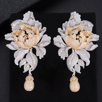 

GODK 76mm Luxury Peony Flower Blossom Cubic Zirconia Women Statement Long Drop Earring Wedding Party Bridal Fringed Jewelry Gift