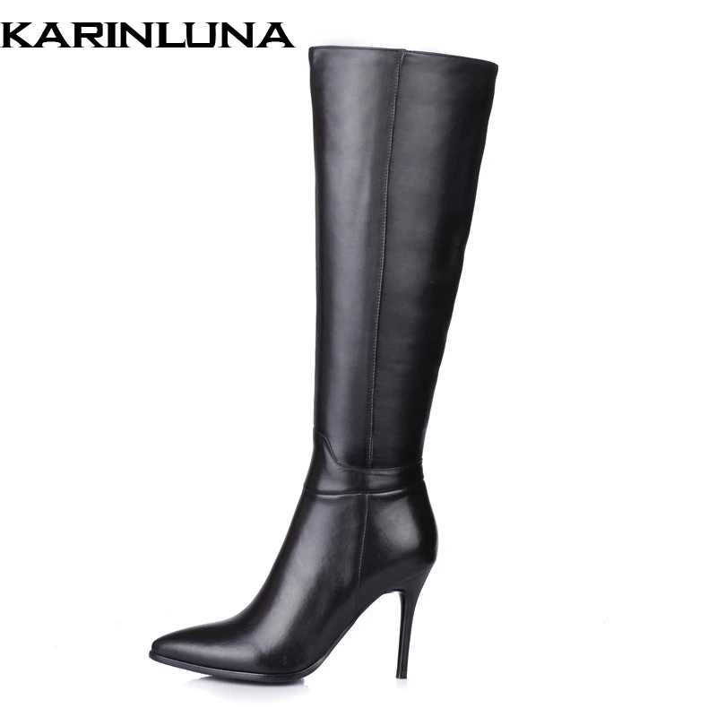 

KARINLUNA new arrivals top quality Genuine leather thin high heels knee high Boots Women Shoes sexy Woman party Boots
