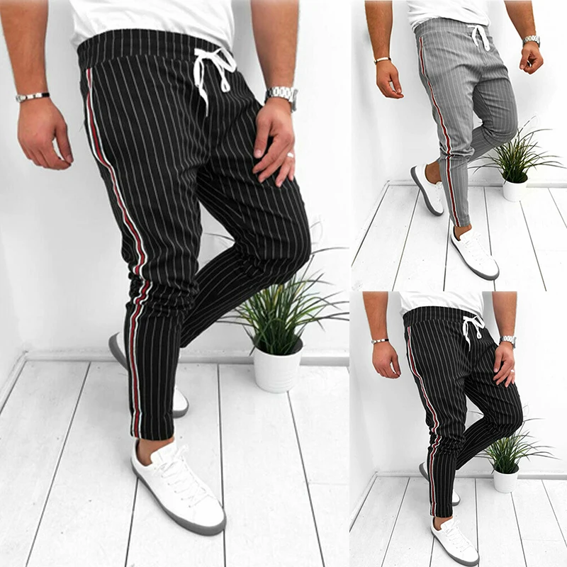 Black Gray Striped Pants Men Casual Tunic Pencil Pants Long Trousers Man Summer Bodybuilding Running Pant Workout Sweatpant