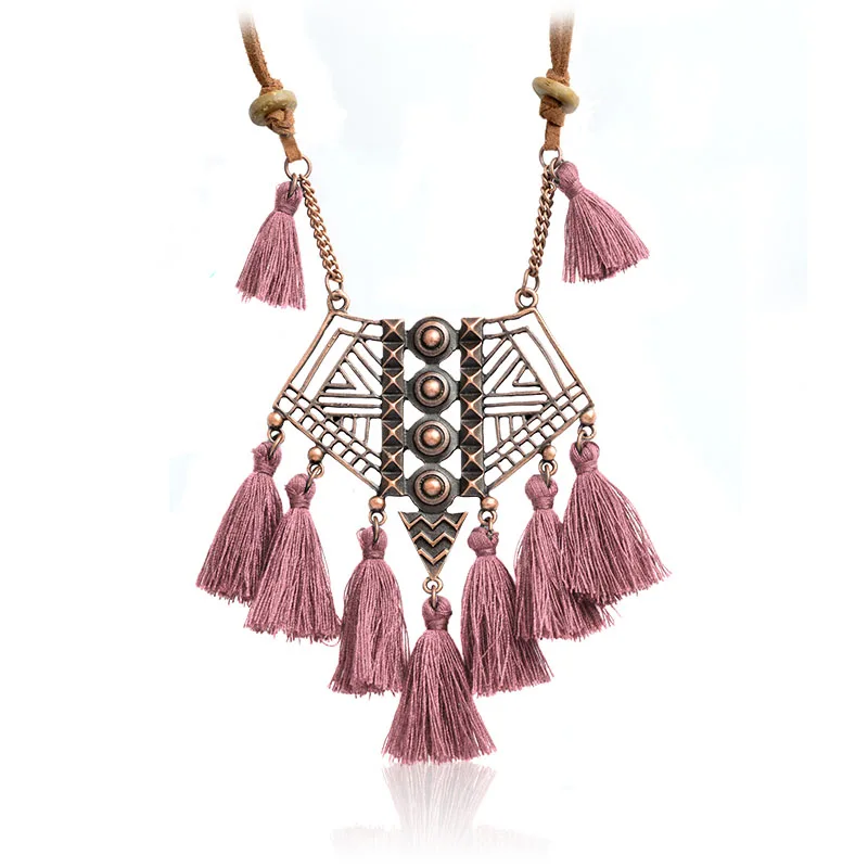 

Hollow Geometry Bohemian Pendant Necklace Black Grey Brown Green Pink Blue Wool tassels Ethnic Sweater Chian Winter Jewelry Gift