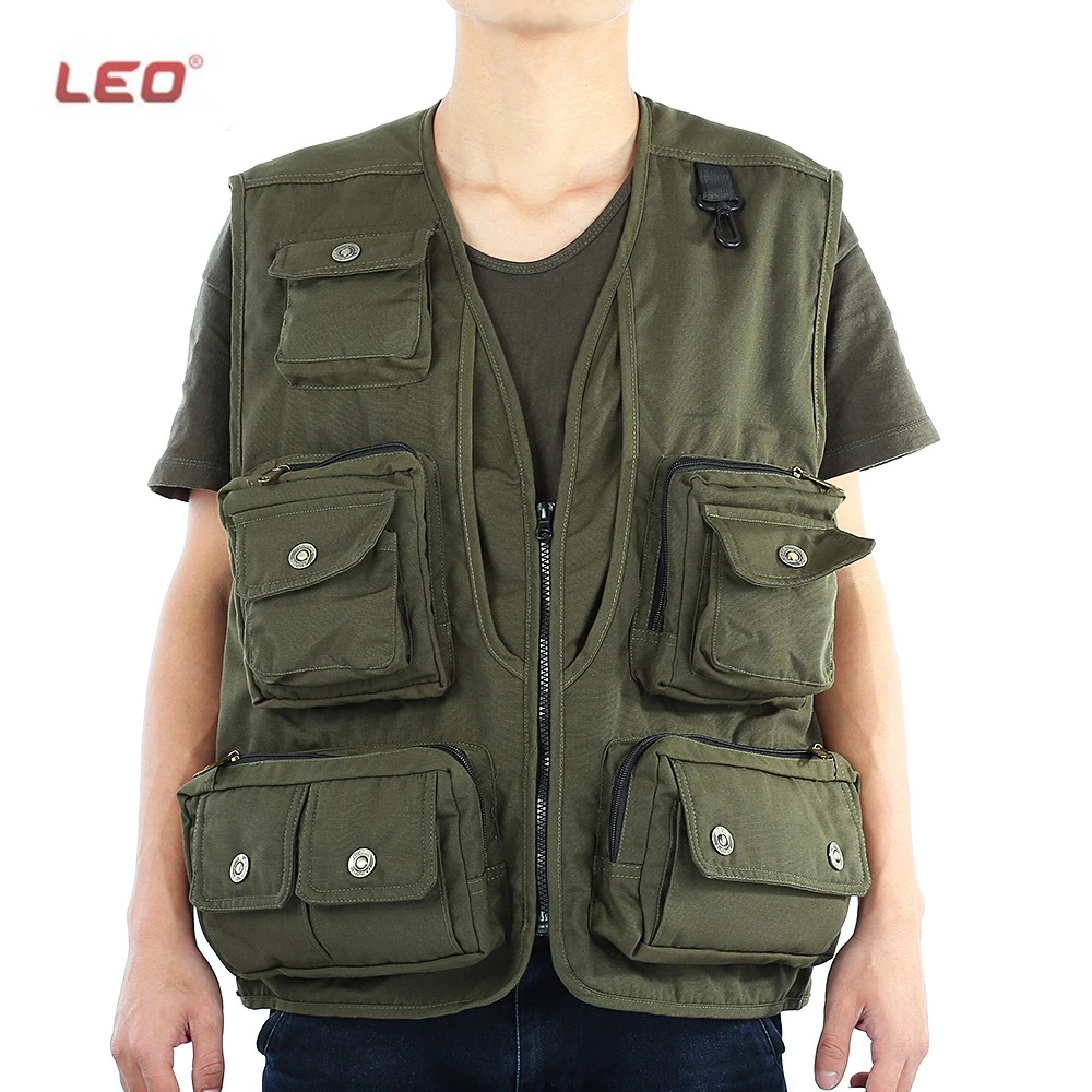 LEO Army Green Fishing Vest Sleeveless Jackets Camping Fishing Vests