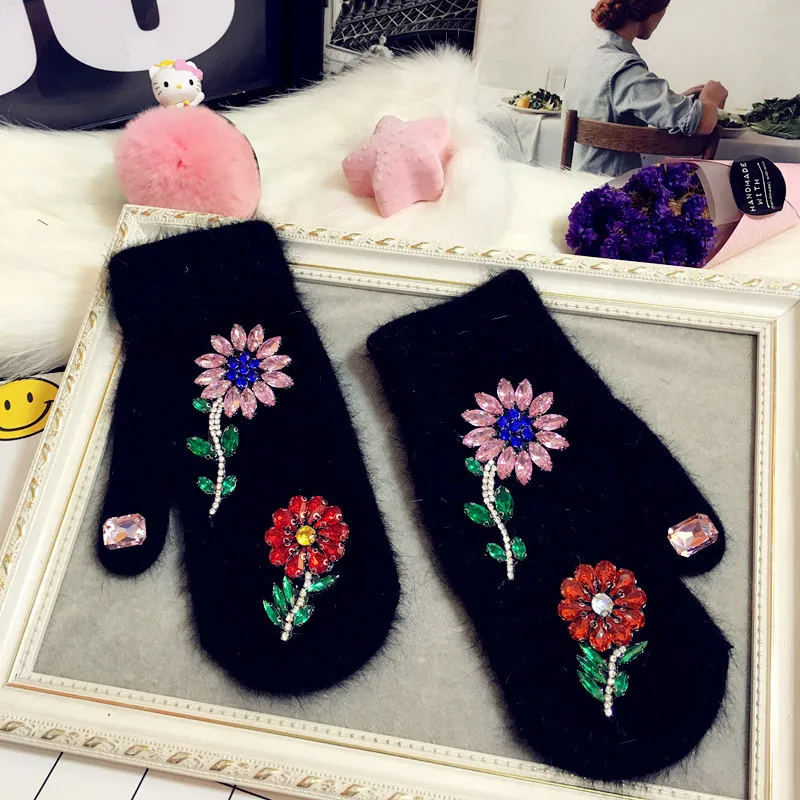 Women Winter Gloves Colorful Crystal Flower Design Rabbit Fur Gloves Fashion Winter Gloves Hand Warmes Brand  Gloves-in Women's Gloves from Apparel Accessories on AliExpress 