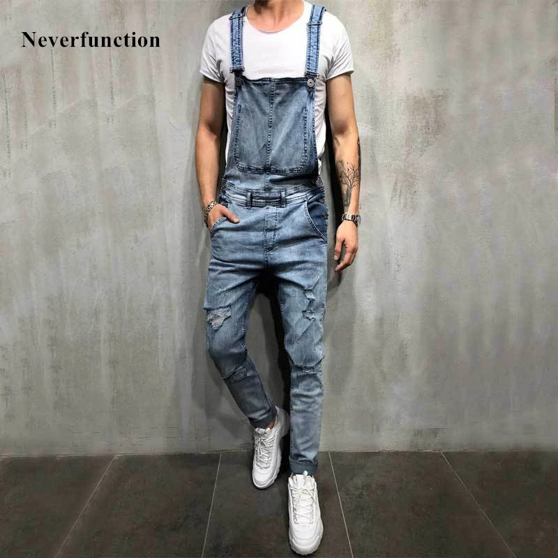Peto vaquero ajustado para hombre, azul y negro, tirantes rasgados y pantalones rasgados de vaqueros| - AliExpress