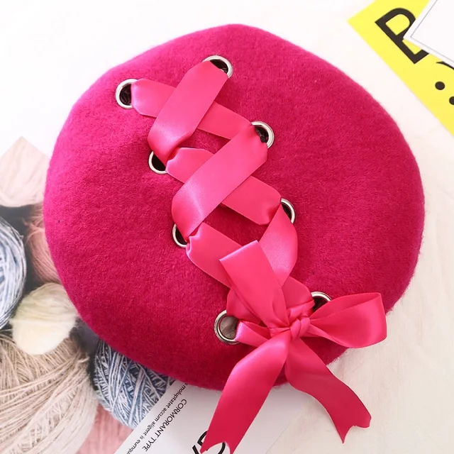 VISROVER New Sweet Cute Berets Women Winter Hats Soft Macaron color Ribbon Woolen Lolita Beret classical Soft Straps Cross Bow fushia