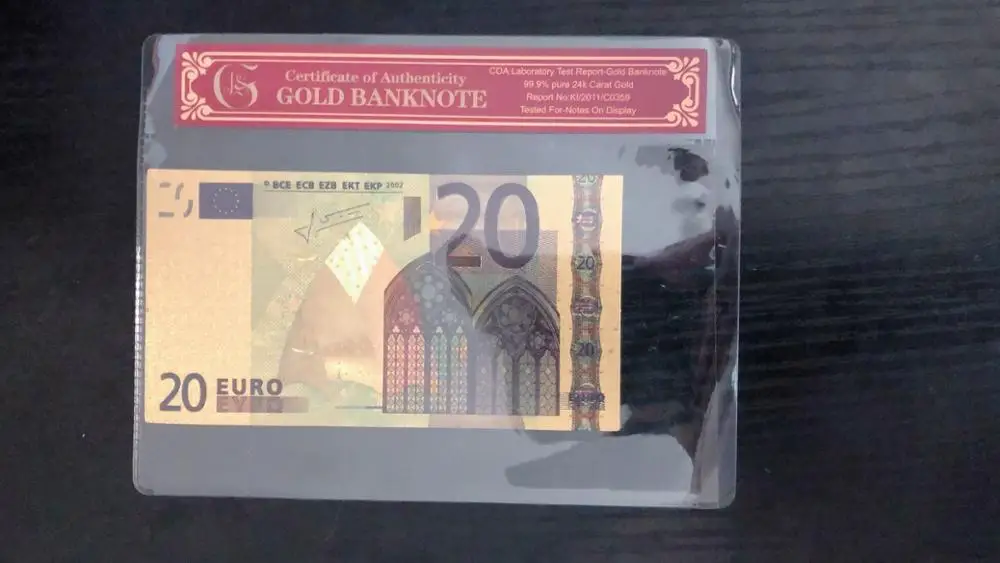 

Fake Gold Banknote Euro banknotes 20 Euros Pure Gold Foil Paper Money Gold Bill Note With COA Frame For Collection banknotes