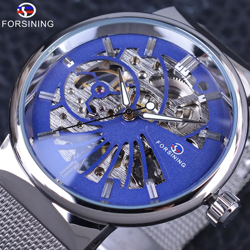 Forsining модные роскошные тонкие маленький циферблат унисекс дизайн водонепроницаемые часы для мужчин люксовый бренд скелет часы мужские наручные часы - Цвет: Silver Blue
