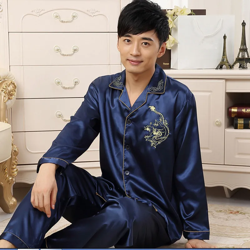 2018 свободные пижамы Для мужчин атласная пижама Homme Ночная пижама из двух частей пижамы и брюки Чистый цвет постельное белье