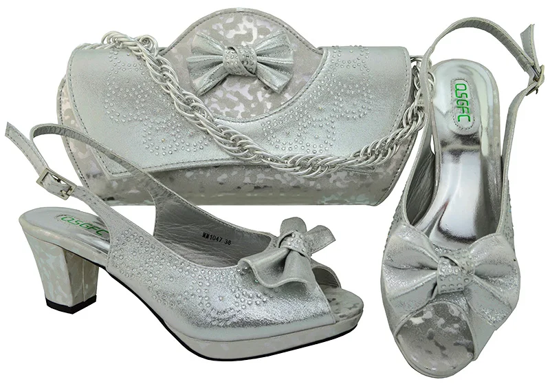 Silver clutches bag and sandal shoes set for aso ebi african fashion