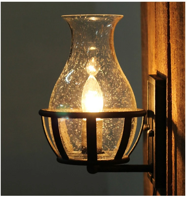 Винтаж стеклянный шар в форме вазы E14 настенное бра декоративная лампа для дома в стиле ретро для спальни ночники черного листового железа настенный светильник