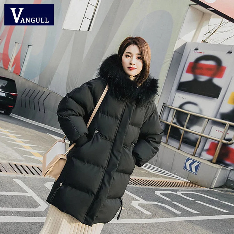 VANGULL Elegant Fur Collar Coat New Winter Thick Jacket Women Long Down cotton Parkas Female Warm Hooded Jacket Coat - Цвет: Черный