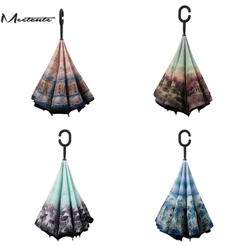 

Meetcute Modern Upside Down Reverse Umbrella C-Handle Double Layer Inside-Out Windproof Battenburg