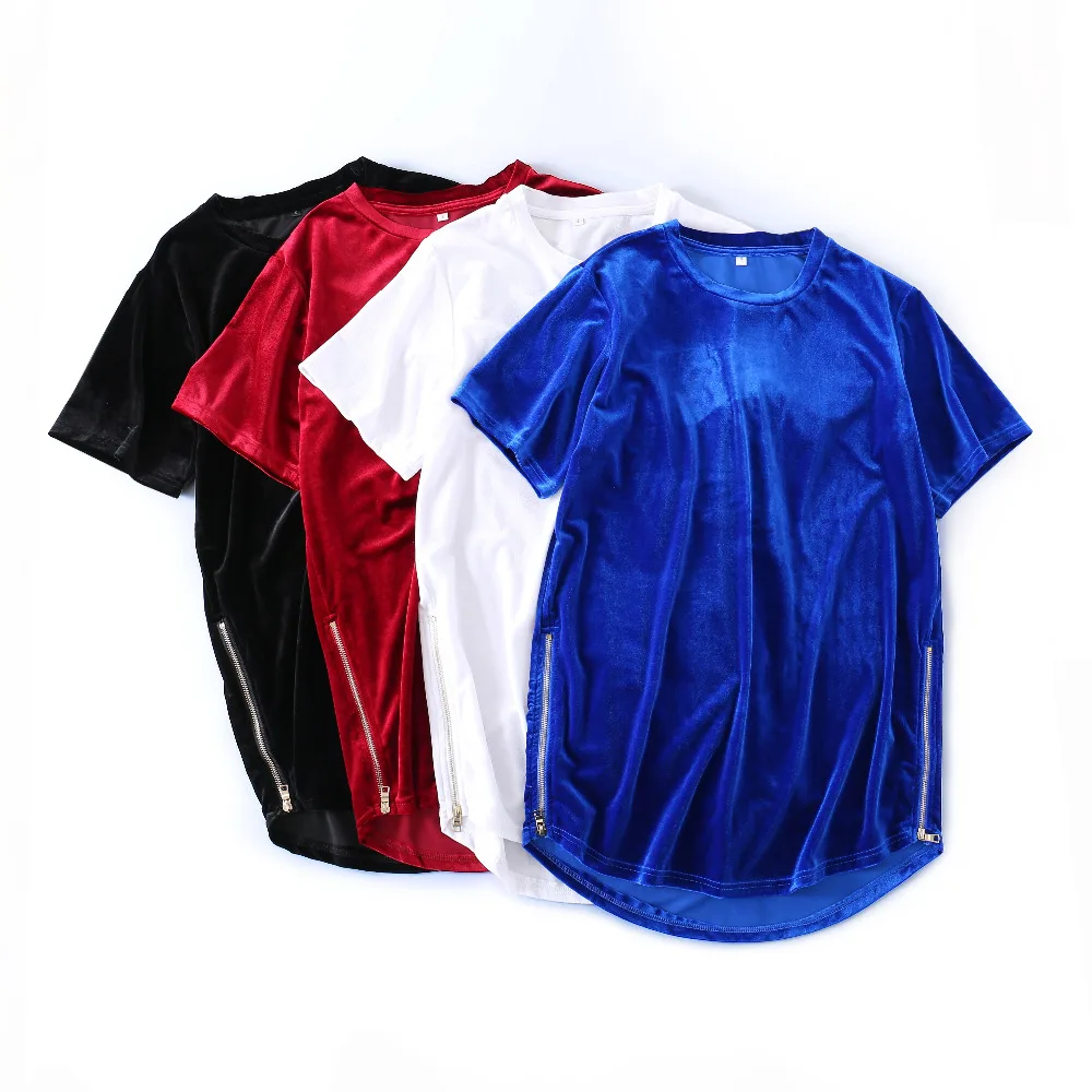 Men’s Velvet T-Shirt Harajuku Oversized Tee Top Side Zipper Hip-hop T shirt for Men Red/Blue/Black Short-Sleeve Velour TShirts