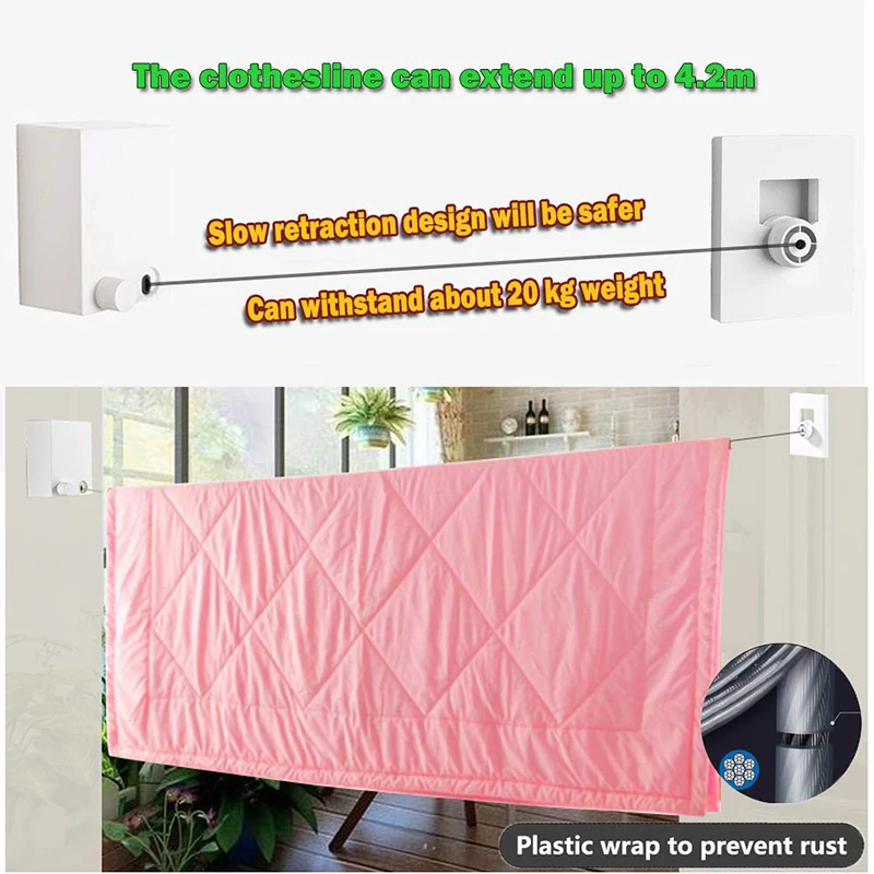 Retractable Clothesline New Version Invisible Clothes Line Outdoor Indoor Dryer Hanger Clothes Line 4.2M Balcony Clothesline