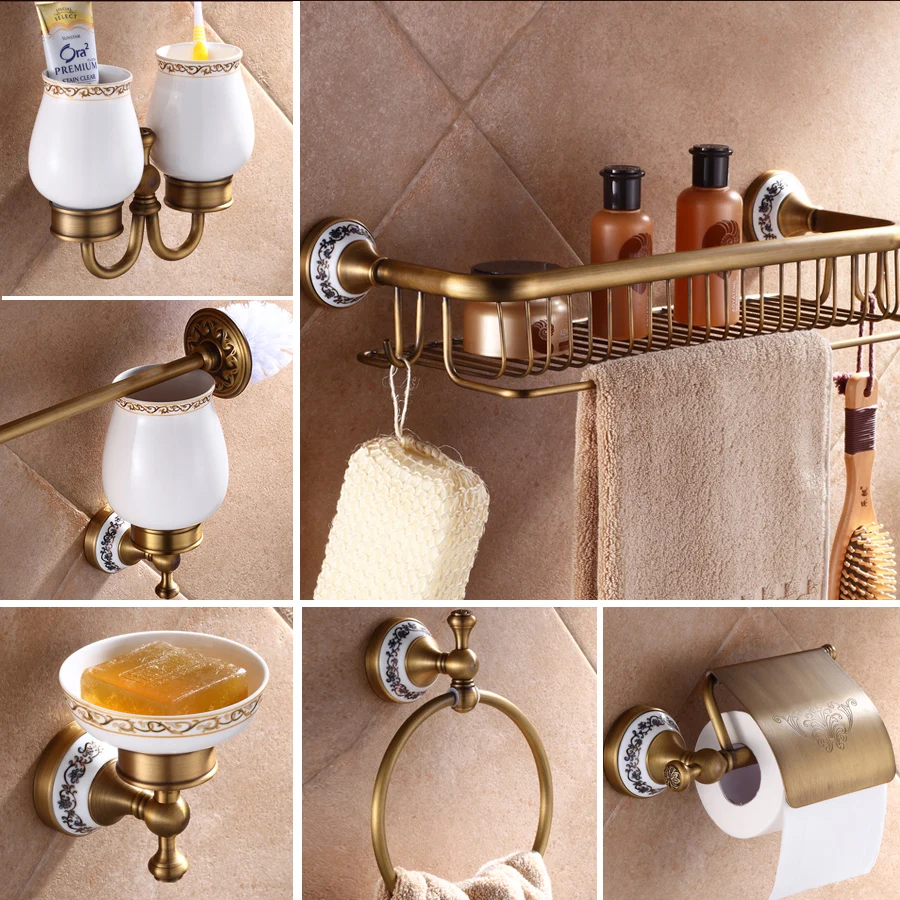 Antique Brass Luxury Bathroom Accessory paper Holder Toilet Brush Rack Commodity Basket Shelf Soap Dish Towel