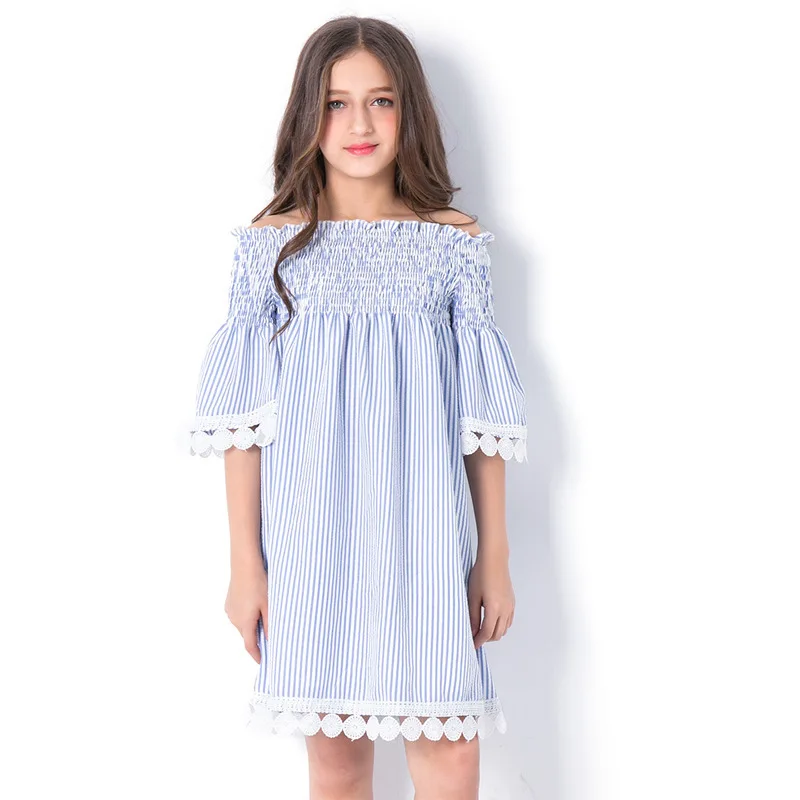 

Off Shoulder Stripe Elastic Lace A-line Loose Princess Skit Lovely Girls Clothes Summer Beach Dress