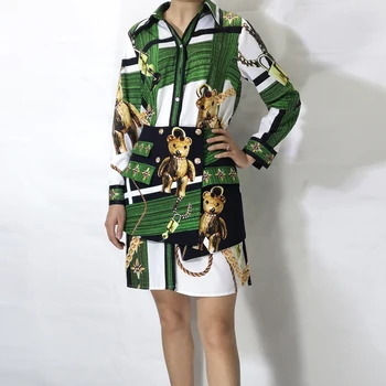 

High quality Designer fashion shirt Two Pieces Sets Women's Long sleeve long green blouses + Vintage panda Print mini skirt Sets