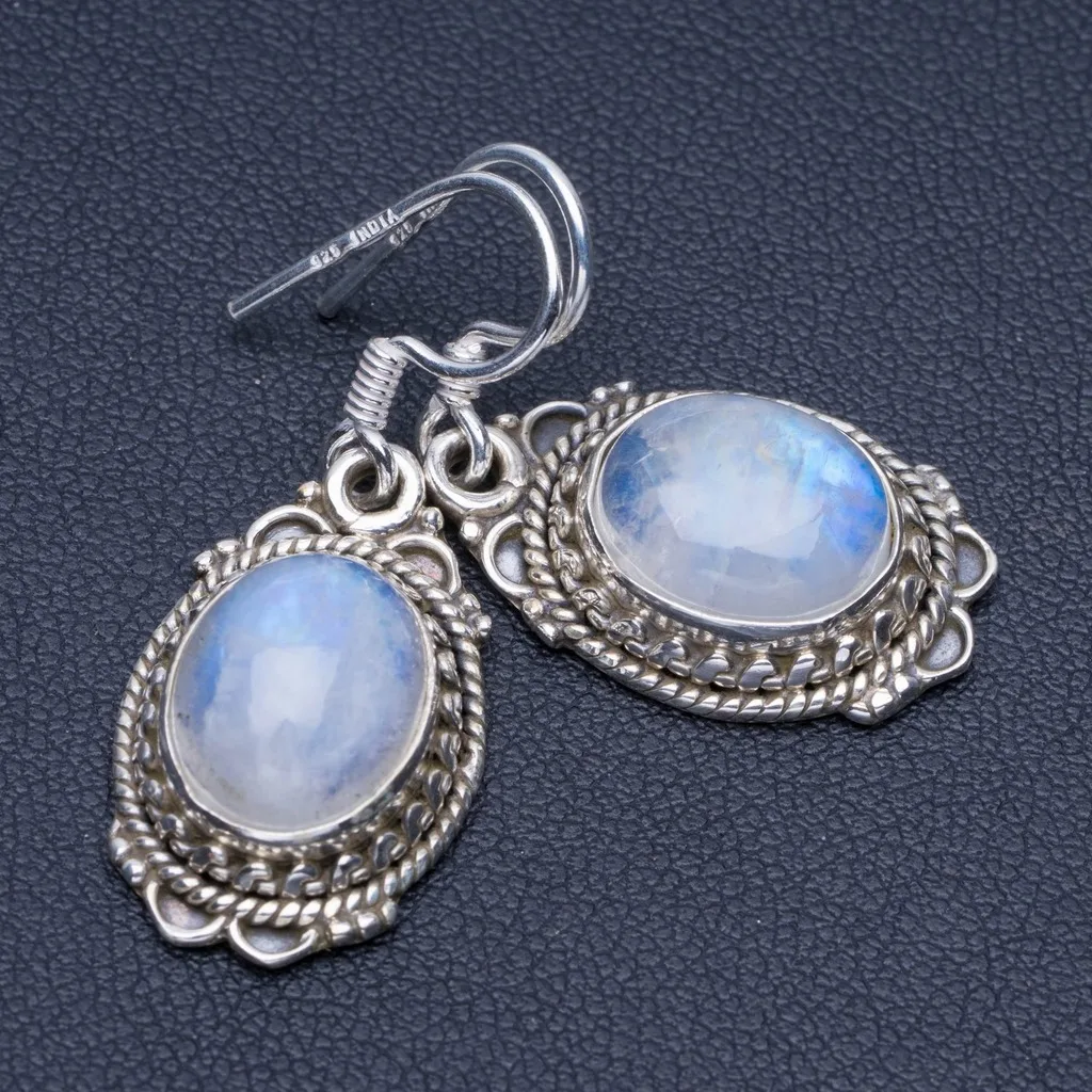 

Natural Rainbow Moonstone Unique Punk Style 925 Sterling Silver Earrings 1 1/4" P1436