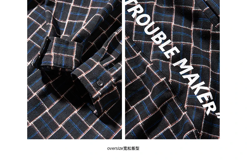 SODA WATER Men Casual Plaid Shirts Harajuku Autumn Letter Print Long Sleeve Shirt For Men Retro Loose Front Pocket Shirts 92107W