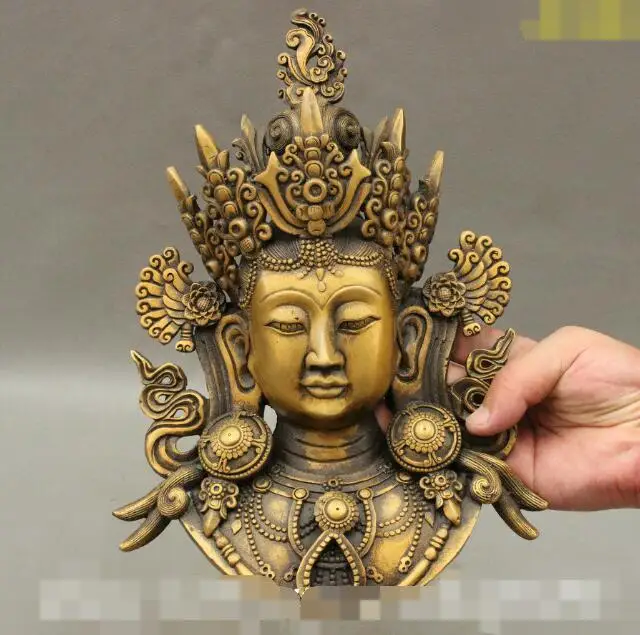 

S06938 12" Tibet Buddhism Temple Bronze Green Tara Kwan-yin Goddess Buddha Head Statue