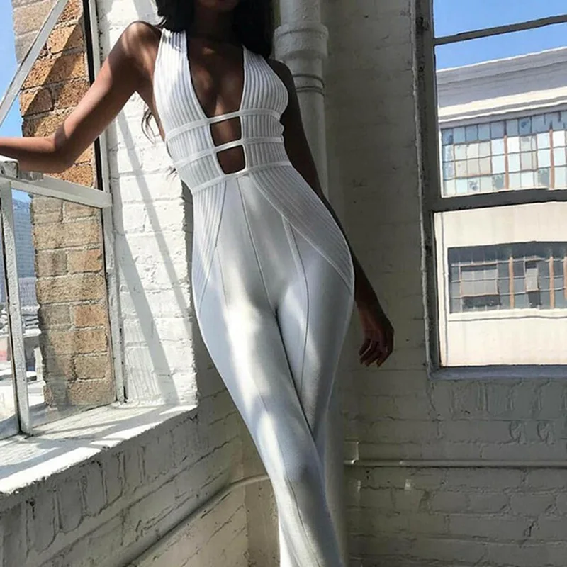 

2019 New Articat Cotton Sexy Hollow Out Bandage Jumpsuit Women Sleeveless Backless Bodycon Rompers Female Party Playsuit