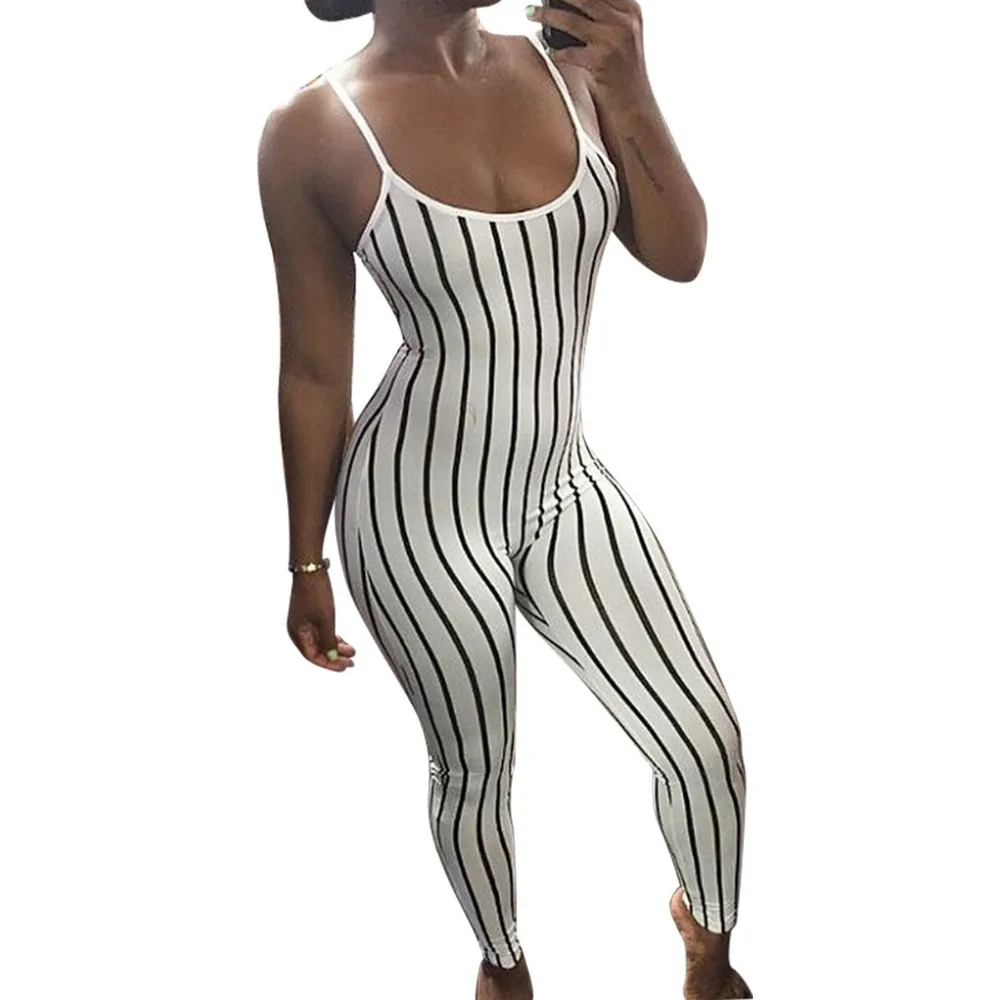Новый рукавов ремень в полоску Сексуальная Bodycon Тощий комбинезон Club Для женщин