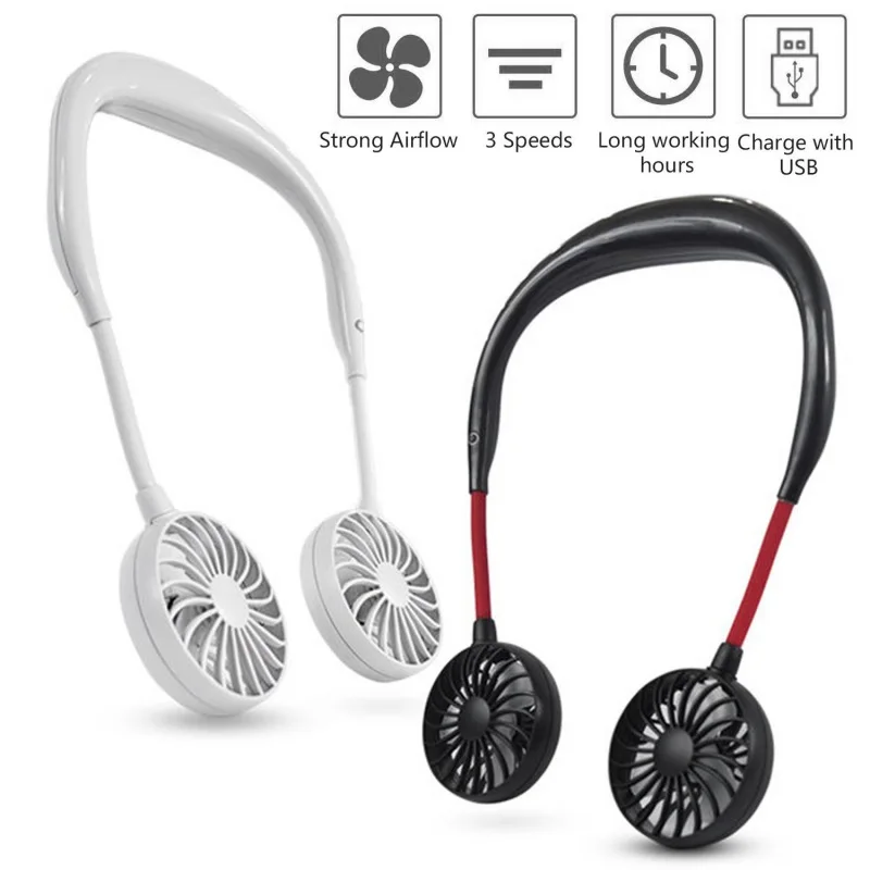 USB Rechargeable Wearable Hand Free Neckband Fan Personal Neck Double Fans 3 Speed Adjustable