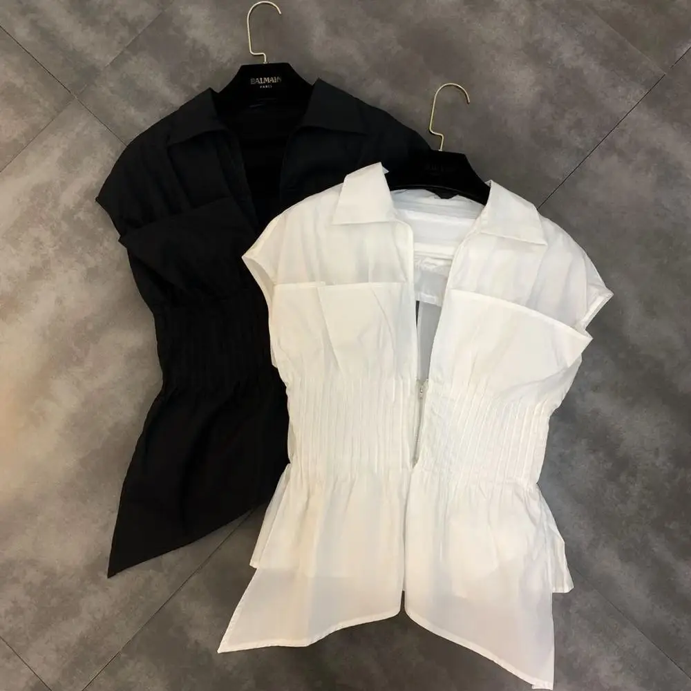 

2019 Summer New Lapel Pleated Waist Zipper Decoration With Tube Top Two Sets Tops