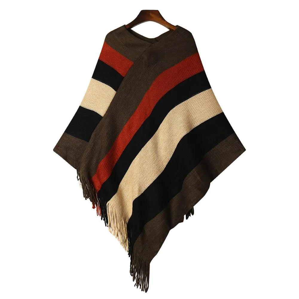 Women's Fringe Striped V-Neck Poncho – Loose Sleeveless Cape Wrap, Royal Blue, Medium