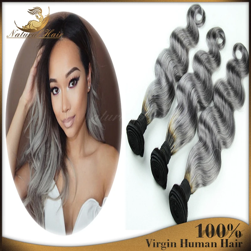 

7A Grade #1B/Grey Hair Extensions Body Wave 3Pc/lot Brazilian Silver Hair Ombre Gray Hair Free Shipping Thick End On Big Sale
