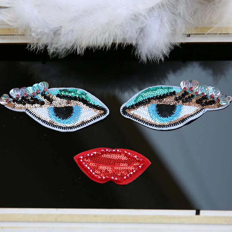 

3PCS/SET EYES LIP 3D Handmade rhinestone beaded Patches for clothing DIY sew on sequin patch Embroidery parches bordados