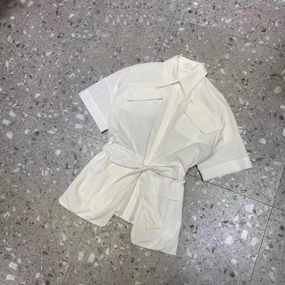 

2019 new ladies fashion sexy short-sleeved waist tie big pocket shirt 0531