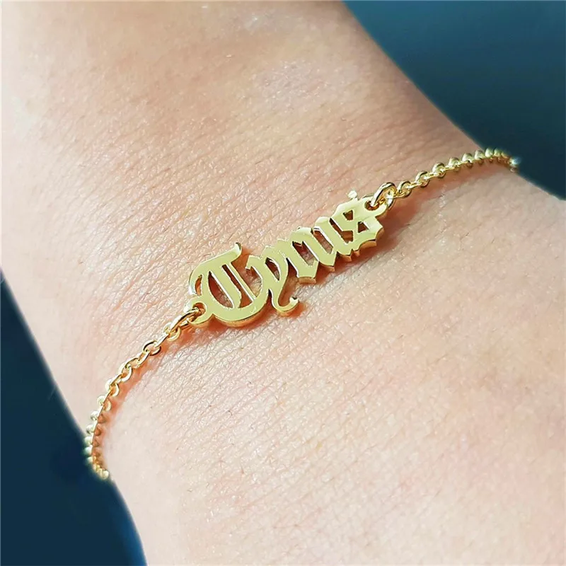 

Custom Personalized Name Bracelet For Women Men Old English Font Girls Friends Name Plate Charm Bangle Friendship Wedding Gift