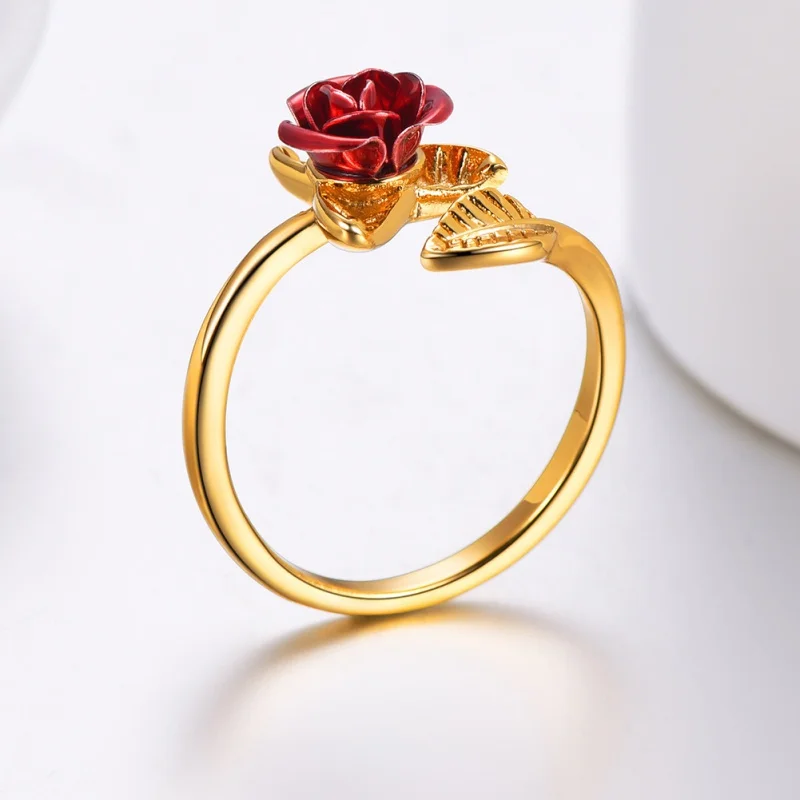 Party Favors Red Rose Garden Flower Leaves Resizable Finger Rings Women Valentine's Day Lover Wedding Decor Gift Jewelry Party
