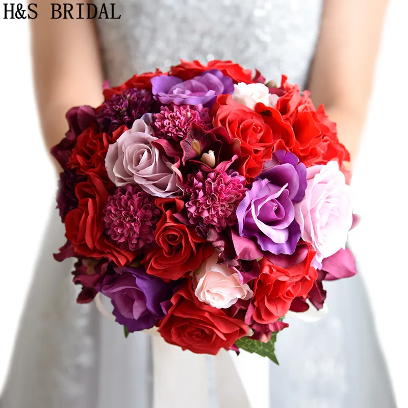 H& S свадебный букет De Mariage, красный искусственный свадебный букет, винтажные свадебные букеты для невесты, подружки невесты, Цветочная Брошь, букет